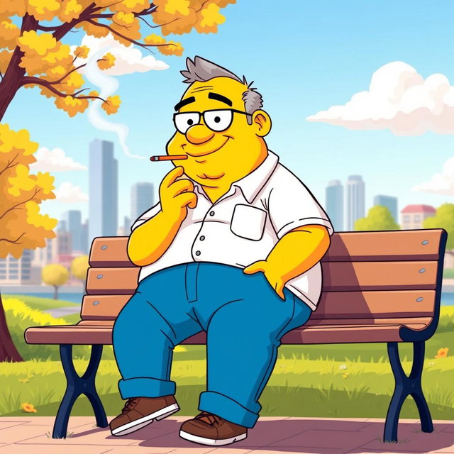 A cartoon-style image of a yellow-skinned character resembling a typical cartoon dad, with a round body and wearing a white shirt and blue pants, casually smoking a cigarette