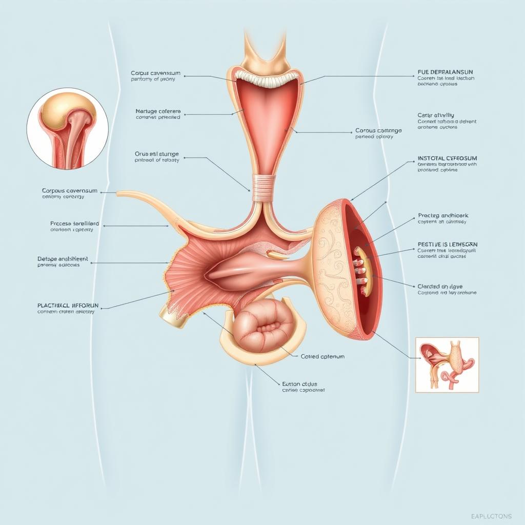 A detailed scientific illustration of human anatomy focusing on the male reproductive system, specifically highlighting the physiological process of erection
