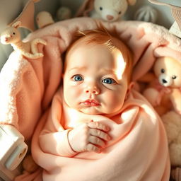 A cute, peaceful newborn baby with big blue eyes, nestled comfortably in a soft, pastel-colored blanket