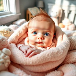 A cute, peaceful newborn baby with big blue eyes, nestled comfortably in a soft, pastel-colored blanket