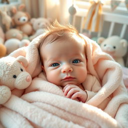 A cute, peaceful newborn baby with big blue eyes, nestled comfortably in a soft, pastel-colored blanket