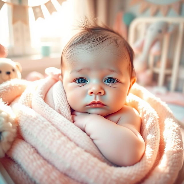 A cute, peaceful newborn baby with big blue eyes, nestled comfortably in a soft, pastel-colored blanket