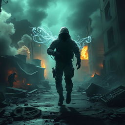 A high-octane fantasy scene set in a Call of Duty-inspired environment, featuring a ghostly soldier with a haunting presence