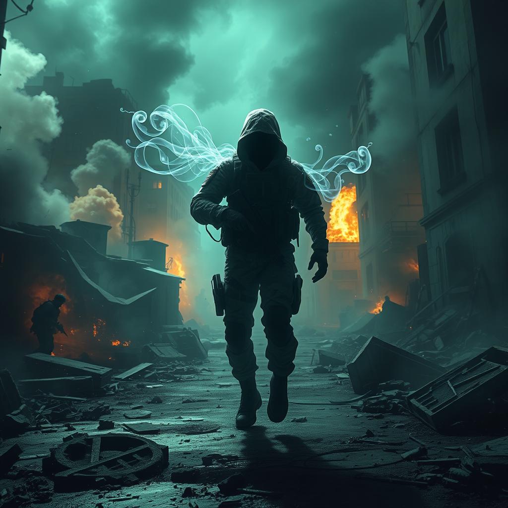 A high-octane fantasy scene set in a Call of Duty-inspired environment, featuring a ghostly soldier with a haunting presence
