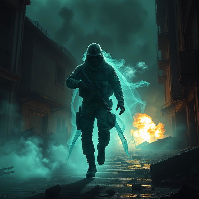 A high-octane fantasy scene set in a Call of Duty-inspired environment, featuring a ghostly soldier with a haunting presence
