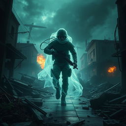 A high-octane fantasy scene set in a Call of Duty-inspired environment, featuring a ghostly soldier with a haunting presence