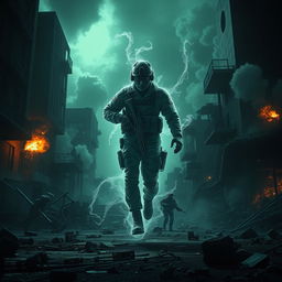 A high-octane fantasy scene set in a Call of Duty-inspired environment, featuring a ghostly soldier with a haunting presence