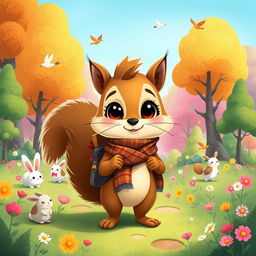 A whimsical illustration of Agatha, a cute anthropomorphic squirrel, wearing a stylish scarf and a small backpack, standing in a vibrant forest filled with colorful trees and flowers