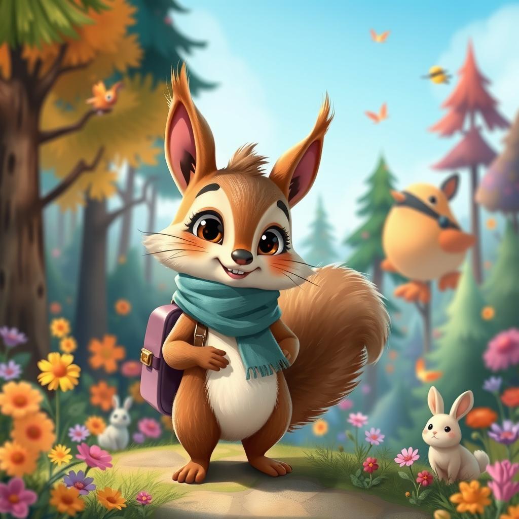 A whimsical illustration of Agatha, a cute anthropomorphic squirrel, wearing a stylish scarf and a small backpack, standing in a vibrant forest filled with colorful trees and flowers