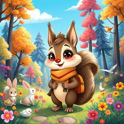 A whimsical illustration of Agatha, a cute anthropomorphic squirrel, wearing a stylish scarf and a small backpack, standing in a vibrant forest filled with colorful trees and flowers