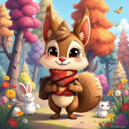 A whimsical illustration of Agatha, a cute anthropomorphic squirrel, wearing a stylish scarf and a small backpack, standing in a vibrant forest filled with colorful trees and flowers