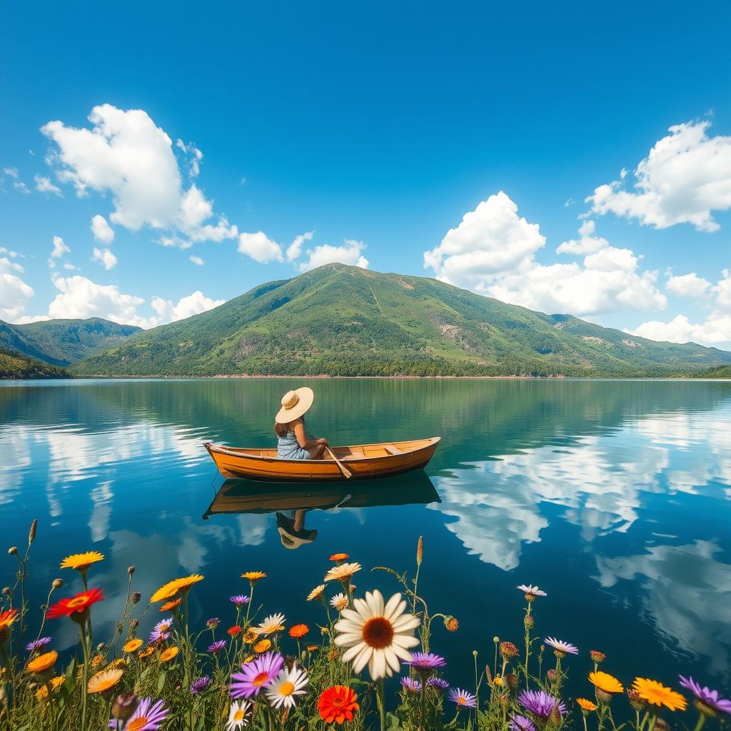 A beautiful landscape featuring a serene lake surrounded by lush green mountains, with a clear blue sky and fluffy white clouds