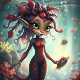 A captivating monster girl with vibrant colorful scales, large expressive eyes, and flowing hair resembling aquatic plants