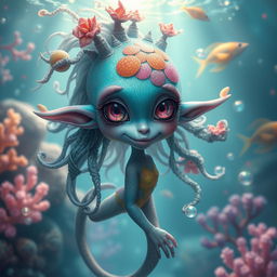 A captivating monster girl with vibrant colorful scales, large expressive eyes, and flowing hair resembling aquatic plants
