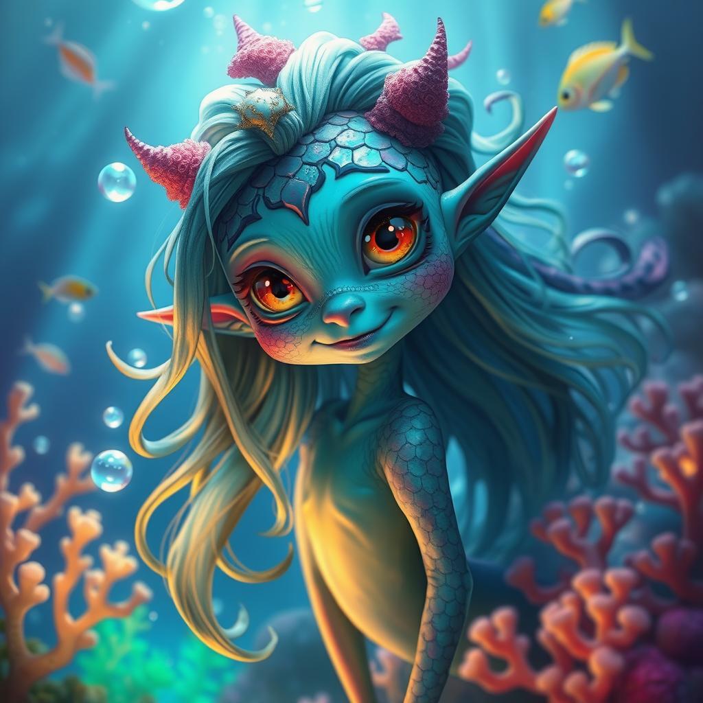 A captivating monster girl with vibrant colorful scales, large expressive eyes, and flowing hair resembling aquatic plants