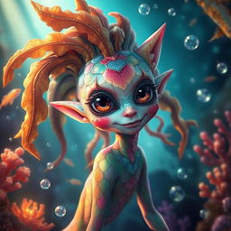 A captivating monster girl with vibrant colorful scales, large expressive eyes, and flowing hair resembling aquatic plants