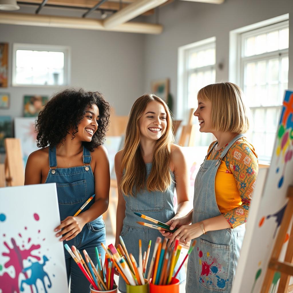 Three beautiful and friendly girls are painting together in an art studio