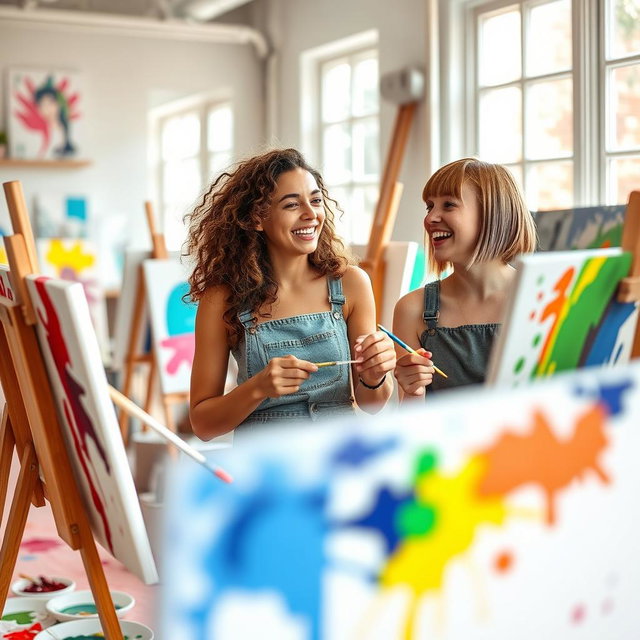Three beautiful and friendly girls are painting together in an art studio