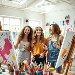 Three beautiful and friendly girls are painting together in an art studio
