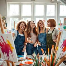 Three beautiful and friendly girls are painting together in an art studio