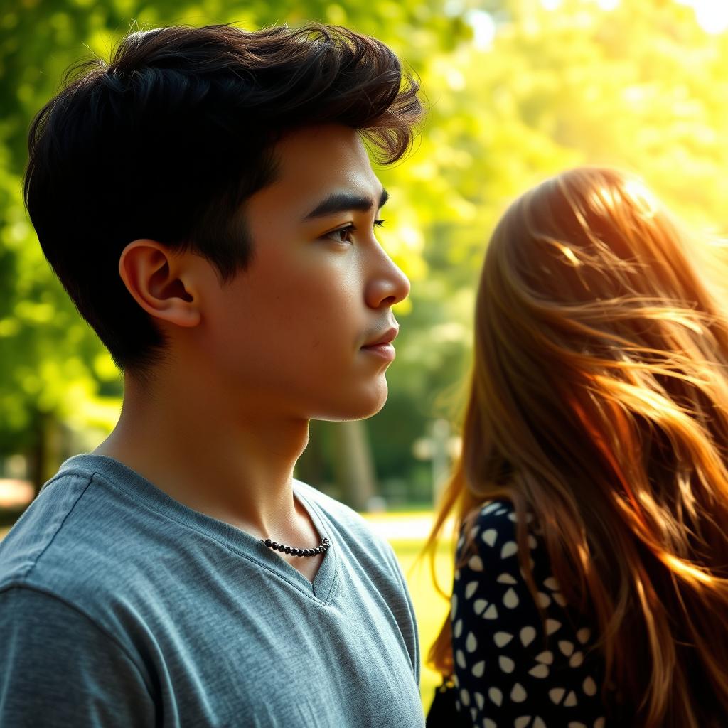 A young man gazing intently at a girl across a sunny park, his expression intrigued and captivated