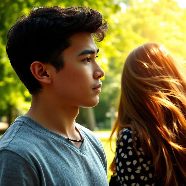 A young man gazing intently at a girl across a sunny park, his expression intrigued and captivated