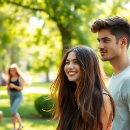 A young man gazing intently at a girl across a sunny park, his expression intrigued and captivated