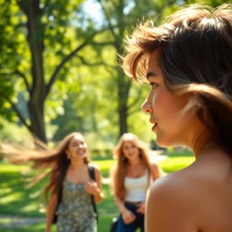 A young man gazing intently at a girl across a sunny park, his expression intrigued and captivated