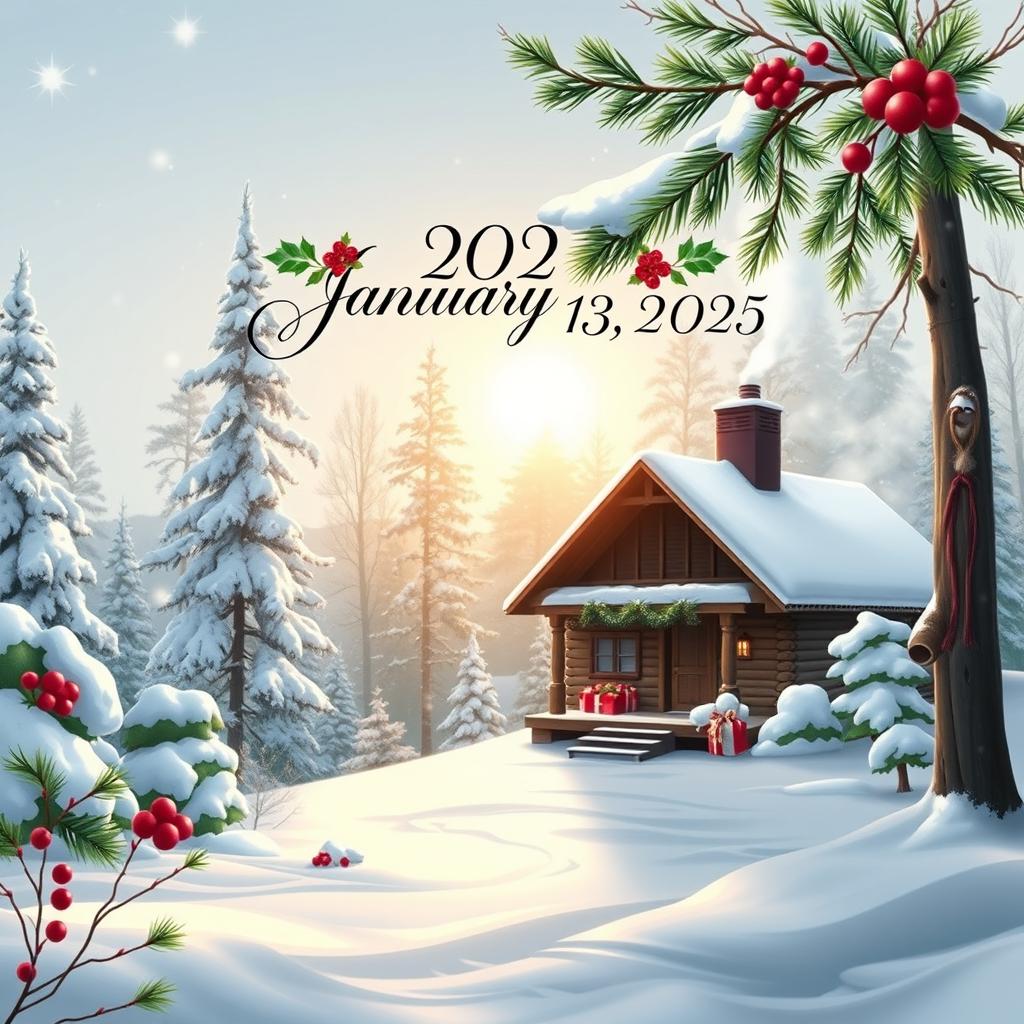A beautifully designed calendar page for January 2025, featuring a vibrant winter landscape