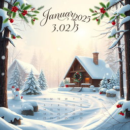 A beautifully designed calendar page for January 2025, featuring a vibrant winter landscape