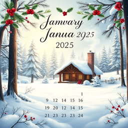 A beautifully designed calendar page for January 2025, featuring a vibrant winter landscape