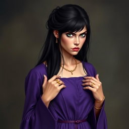 A woman with long black hair styled at the back, appearing serious and angry, is depicted