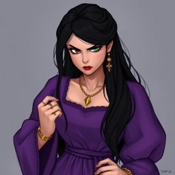 A woman with long black hair styled at the back, appearing serious and angry, is depicted