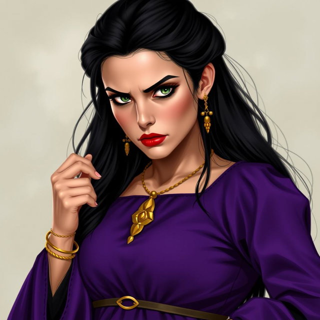 A woman with long black hair styled at the back, appearing serious and angry, is depicted