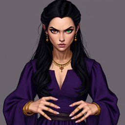 A woman with long black hair styled at the back, appearing serious and angry, is depicted