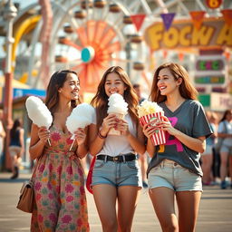 Three beautiful and friendly girls walking together in an amusement park, enjoying delicious snacks like cotton candy and popcorn, surrounded by vibrant rides and playful atmosphere