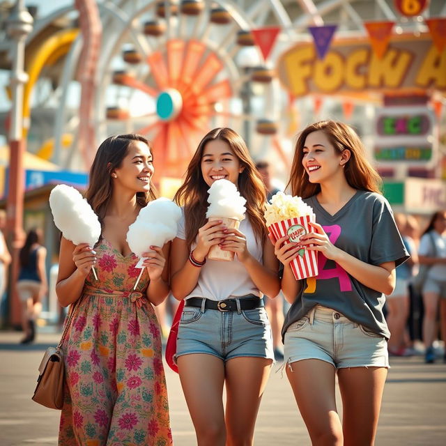 Three beautiful and friendly girls walking together in an amusement park, enjoying delicious snacks like cotton candy and popcorn, surrounded by vibrant rides and playful atmosphere