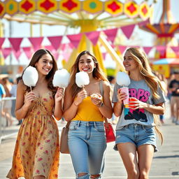 Three beautiful and friendly girls walking together in an amusement park, enjoying delicious snacks like cotton candy and popcorn, surrounded by vibrant rides and playful atmosphere