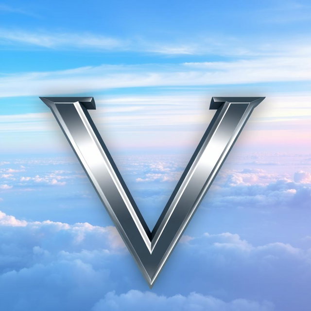 A logo featuring a prominent, 3D metallic letter 'V' centered in the image