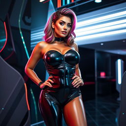 A confident woman dressed in a form-fitting latex outfit that accentuates her curves, emphasizing her large breasts and voluptuous figure