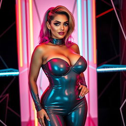 A confident woman dressed in a form-fitting latex outfit that accentuates her curves, emphasizing her large breasts and voluptuous figure