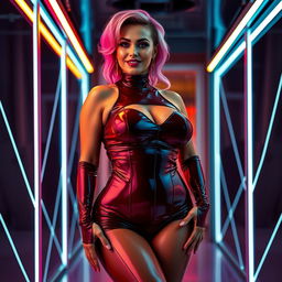 A confident woman dressed in a form-fitting latex outfit that accentuates her curves, emphasizing her large breasts and voluptuous figure