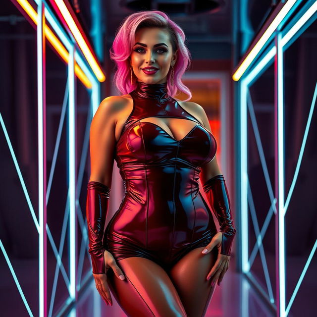 A confident woman dressed in a form-fitting latex outfit that accentuates her curves, emphasizing her large breasts and voluptuous figure