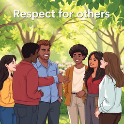 An illustration symbolizing respect for others, featuring a diverse group of people engaging in a respectful conversation