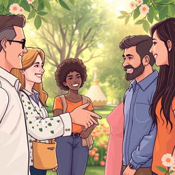 An illustration symbolizing respect for others, featuring a diverse group of people engaging in a respectful conversation