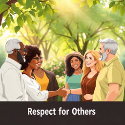An illustration symbolizing respect for others, featuring a diverse group of people engaging in a respectful conversation