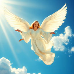A majestic angel soaring gracefully through a vibrant blue sky, with large, ethereal white wings fully spread