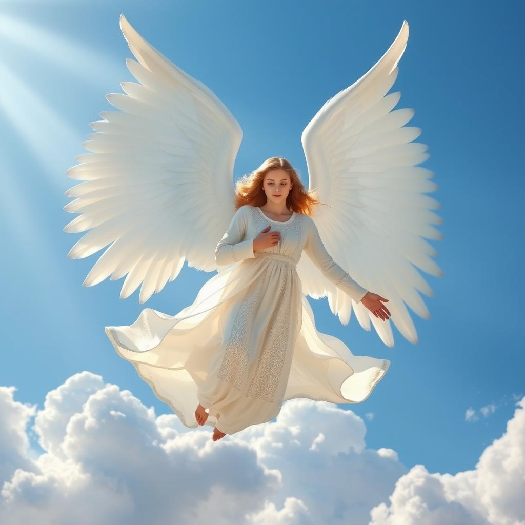 A majestic angel soaring gracefully through a vibrant blue sky, with large, ethereal white wings fully spread