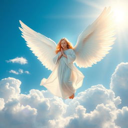 A majestic angel soaring gracefully through a vibrant blue sky, with large, ethereal white wings fully spread
