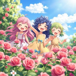 Three cute and friendly anime girls, around 12 years old, playing joyfully in a meadow full of blooming roses